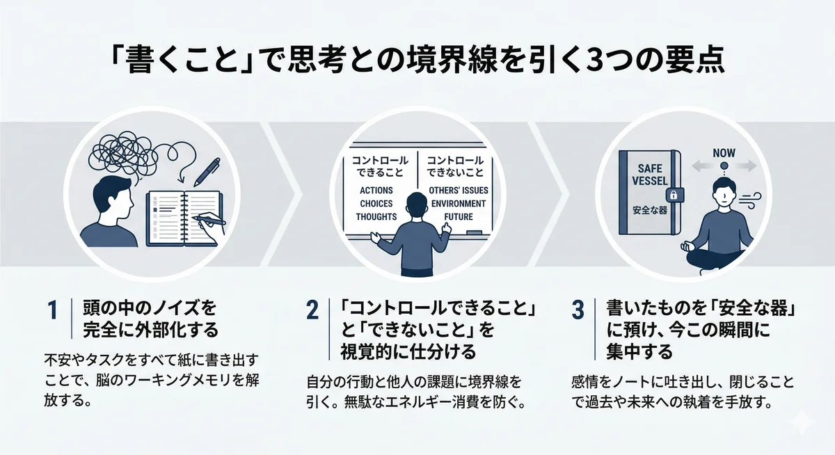 「書くこと」で思考との境界線を引く3つの要点（外部化、仕分け、安全な器への保管）をまとめた図解。