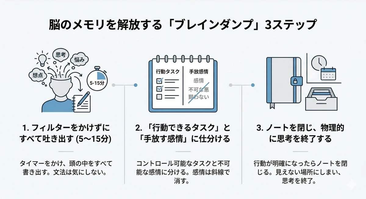 脳のメモリを解放するブレインダンプの3ステップ（すべて吐き出す、仕分ける、思考を終了する）の手順図。