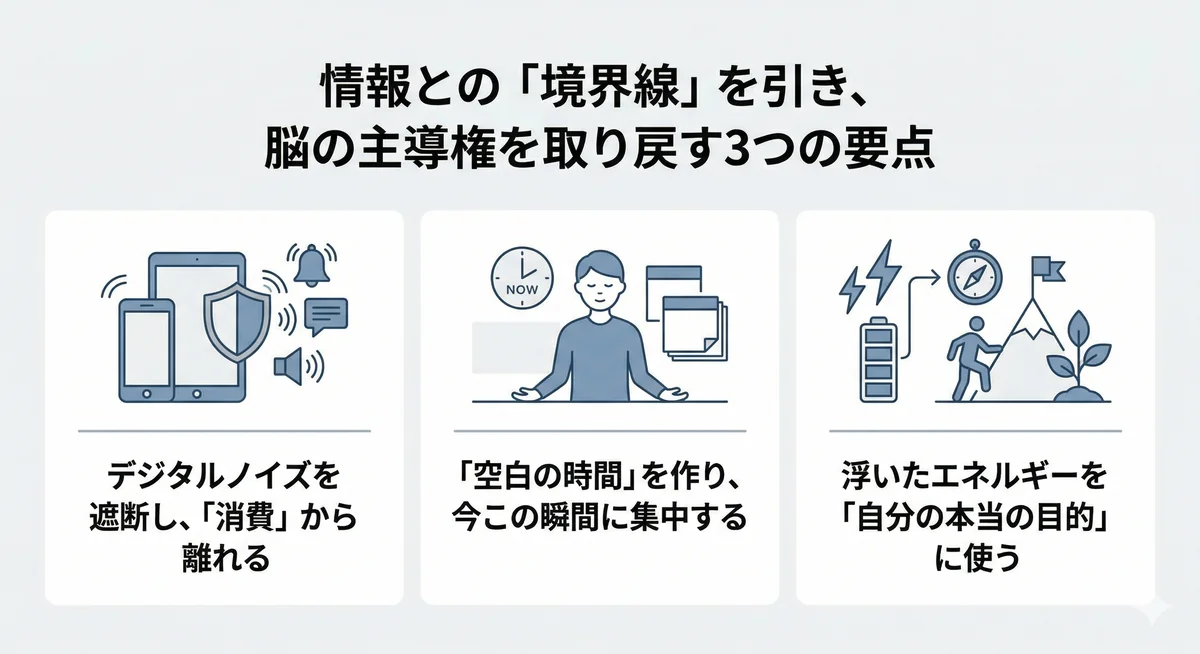 脳の主導権を取り戻す3つの要点(デジタルノイズ遮断、空白時間の確保、目的へのエネルギー活用)をまとめた図解。