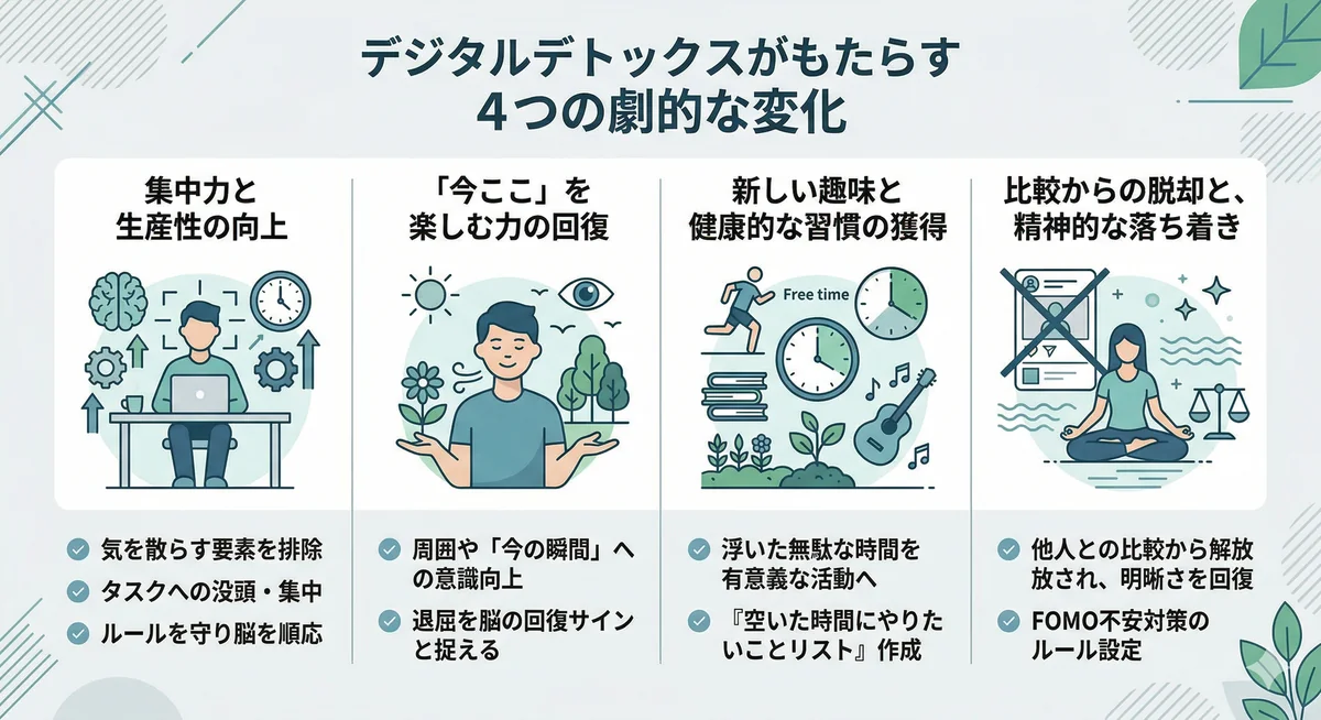 デジタルデトックスによる4つの変化(集中力向上、今を楽しむ、新しい趣味、精神的な落ち着き)をまとめたインフォグラフィック。
