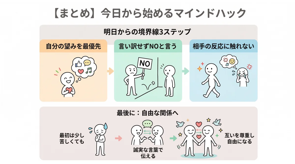 今日から始めるマインドハックまとめ。自分の望みの優先、言い訳しないNO、相手の反応を放置する3ステップ。