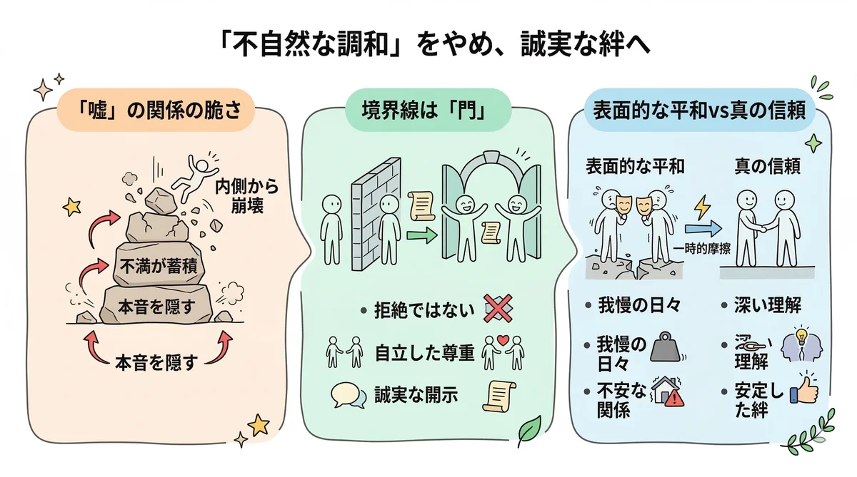 不自然な調和と誠実な絆の比較。本音を隠す関係の脆さと、境界線を「門」として誠実な開示で築く真の信頼の図解。